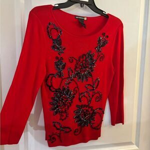 SweaterWorks Red Embellished Sweater Top sz Small petite